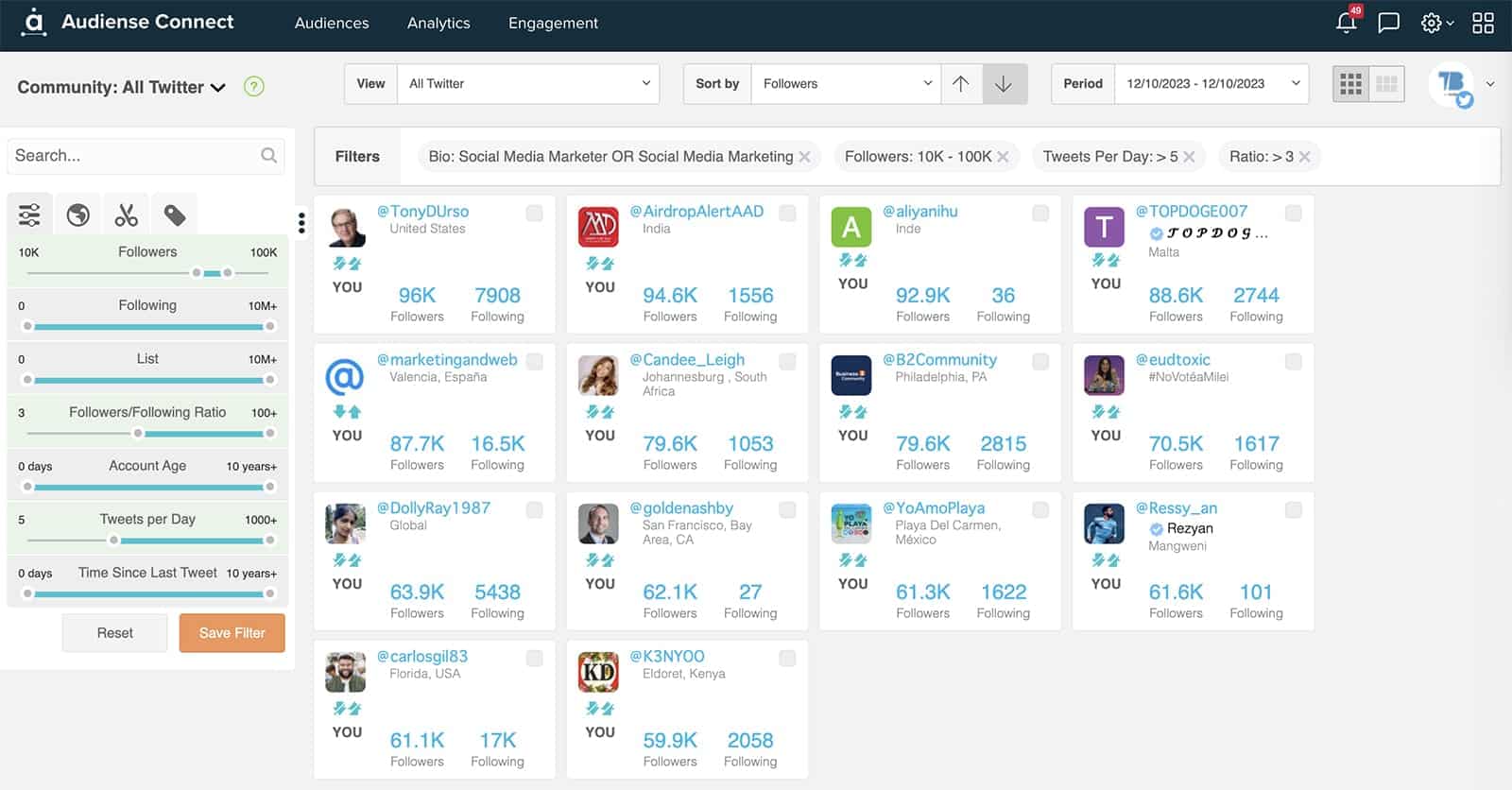 Audiense Connect - influencer search for social media marketers with filters